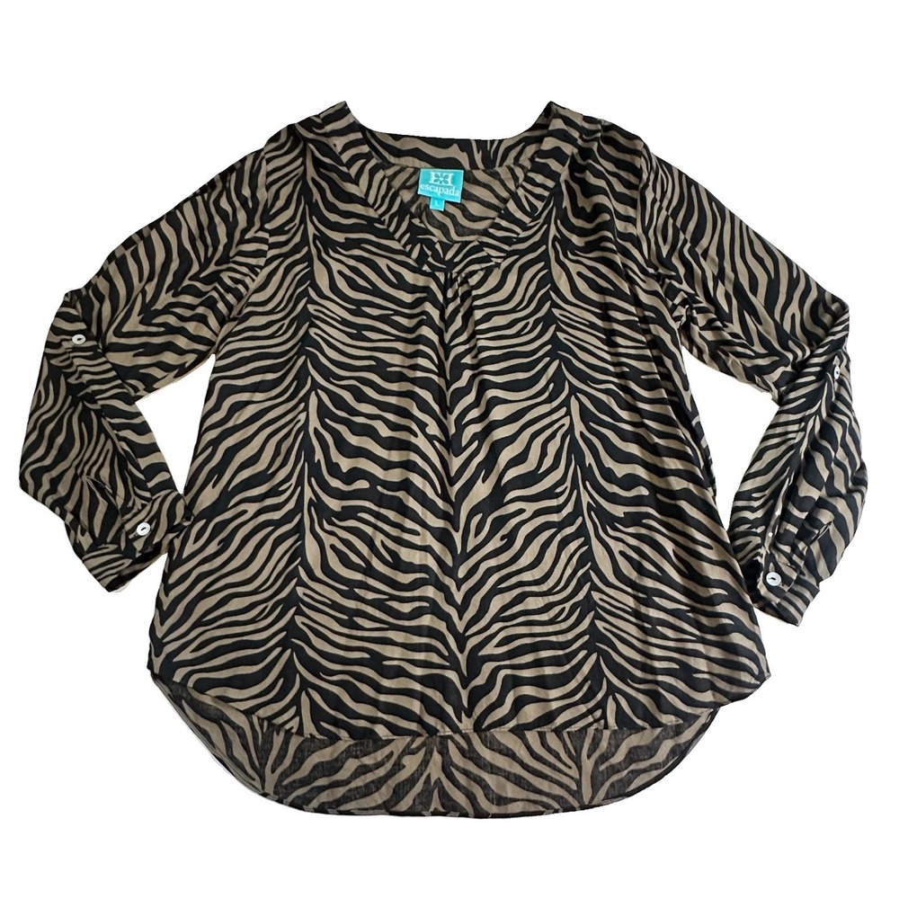 Escapada LARGE Black Brown‎ Animal Print Long Sleeve Blouse Tunic Resort Wear